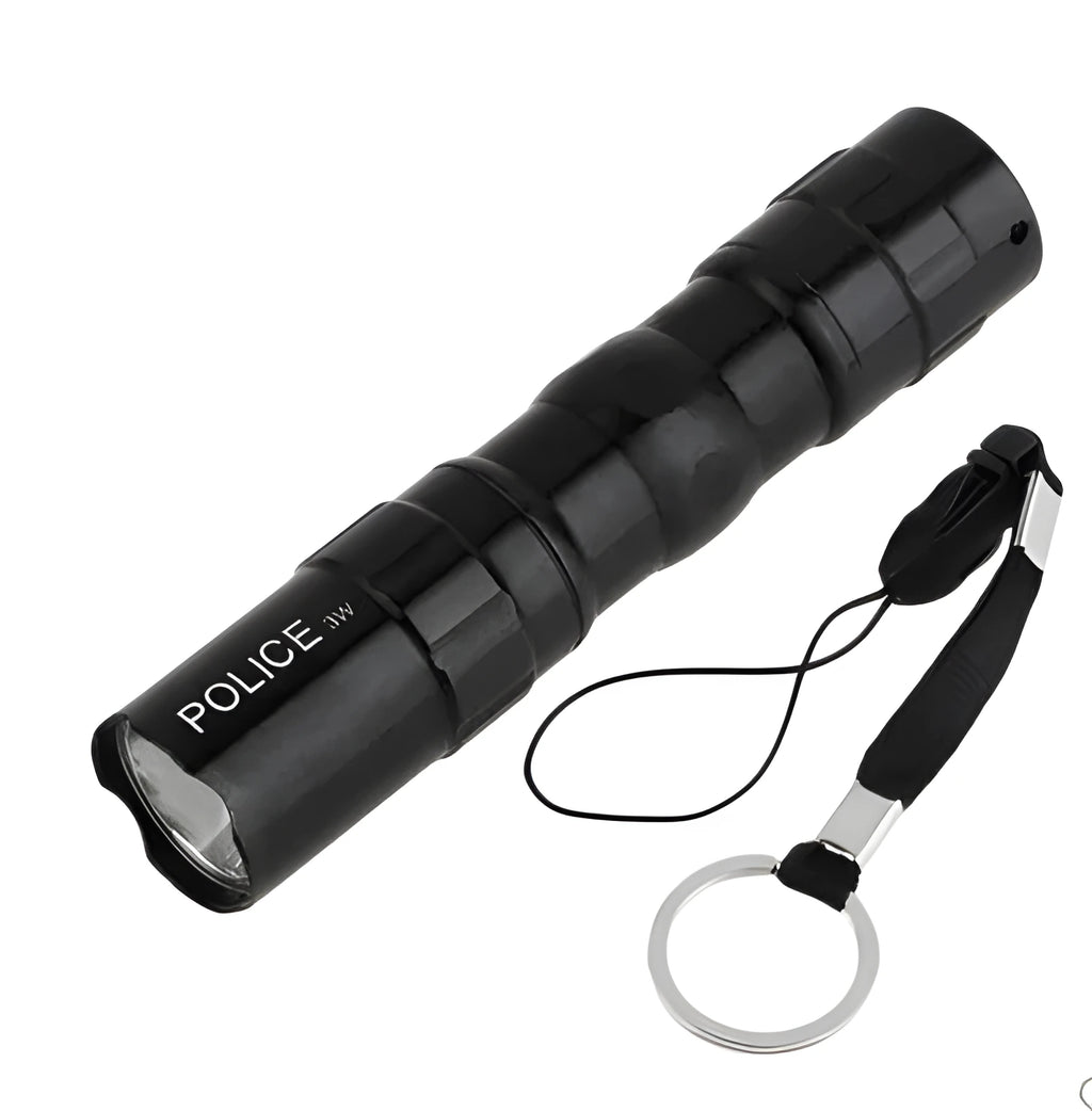 Black aluminium LED mini flashlight showing compact 9.5cm length with 3W bulb