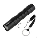 Black aluminium LED mini flashlight showing compact 9.5cm length with 3W bulb