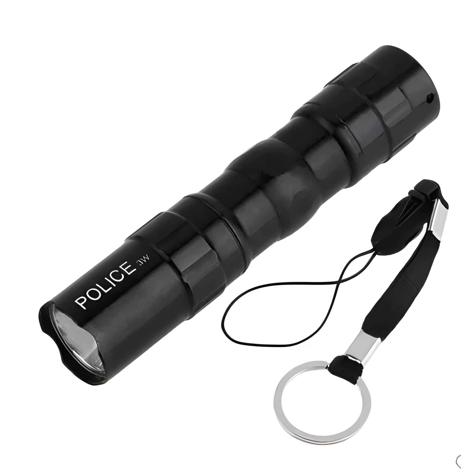Black aluminium LED mini flashlight showing compact 9.5cm length with 3W bulb