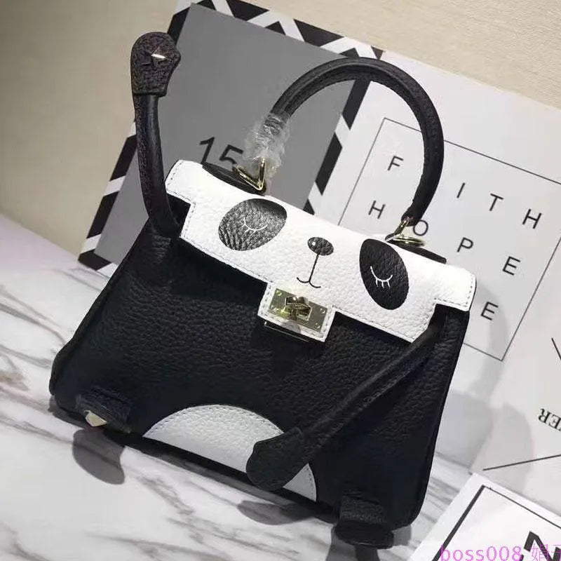 Panda print handbag in genuine cowhide leather with horizontal square shape and sweet lady styling