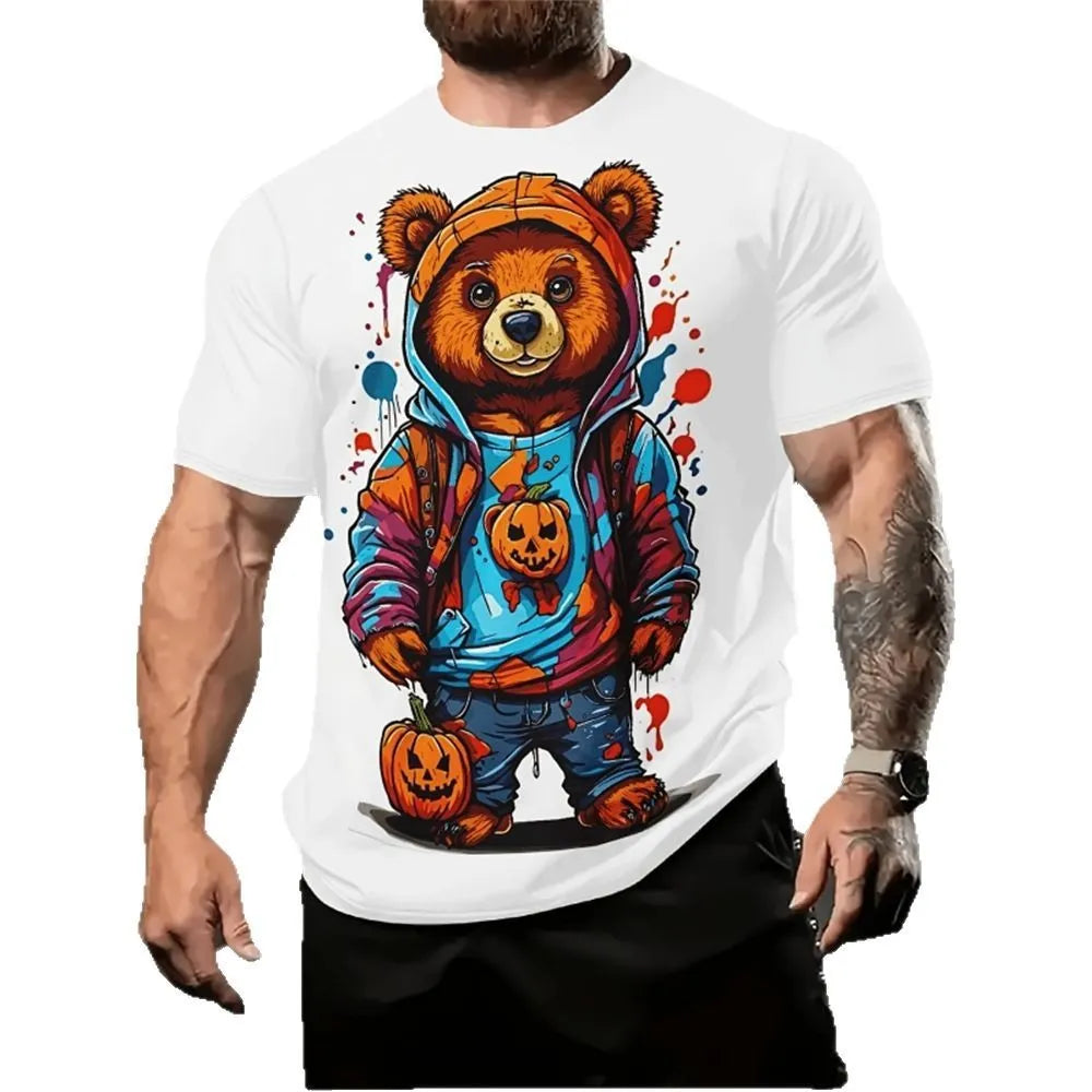Men's loose fit grey T-shirt with a colourful 3D printed cartoon design on the front.
