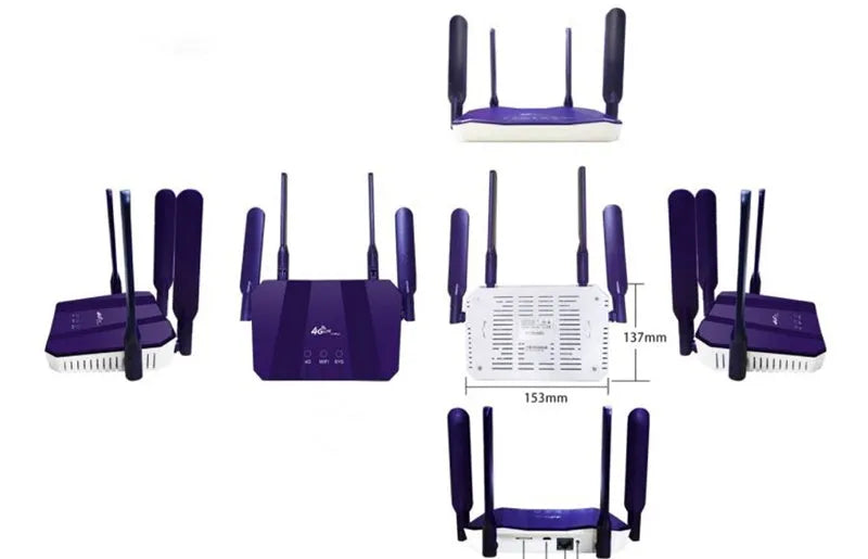 Blue dual-mode 4G and wired router with four extended antennas on a desk