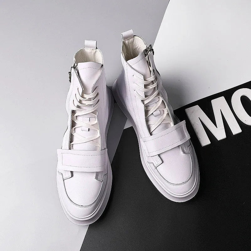 PU leather men's winter ankle boots in high-top sneaker style, black and white options