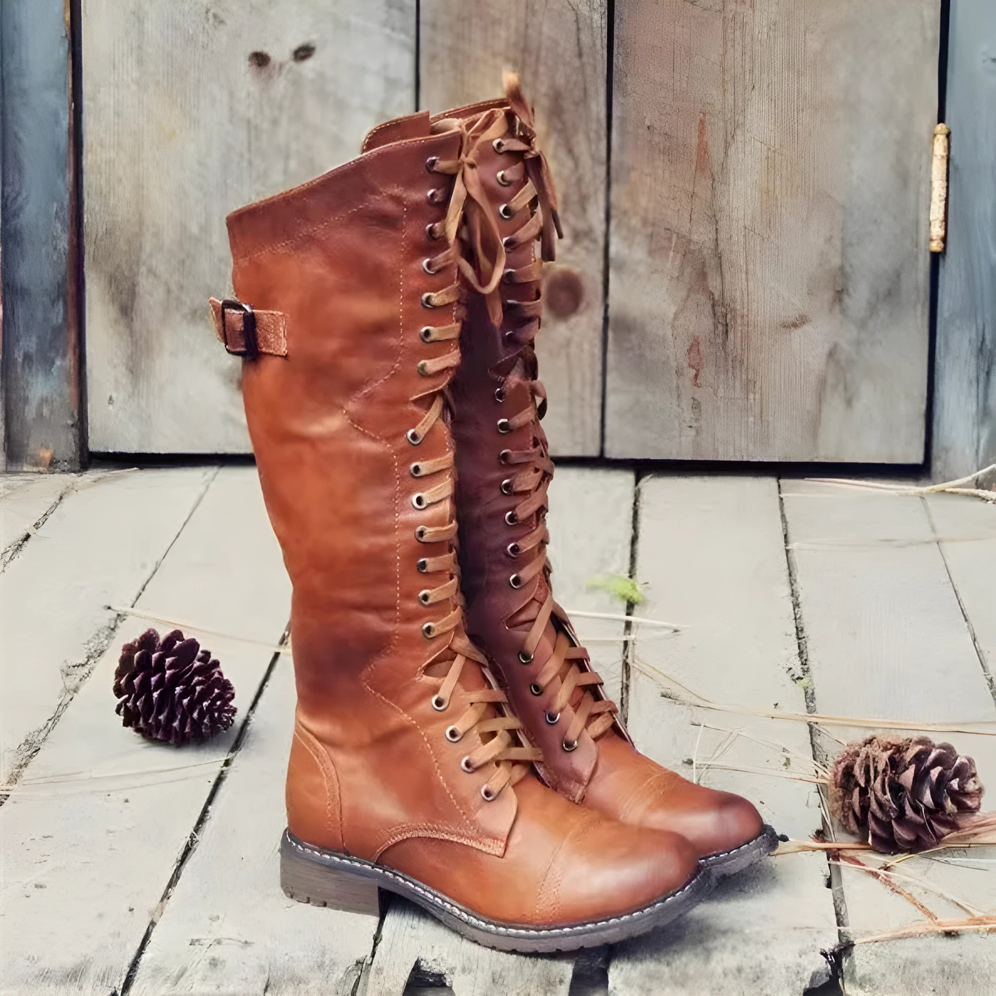 Women's black high leg boots with a chunky low heel and round toe on a plain background.
