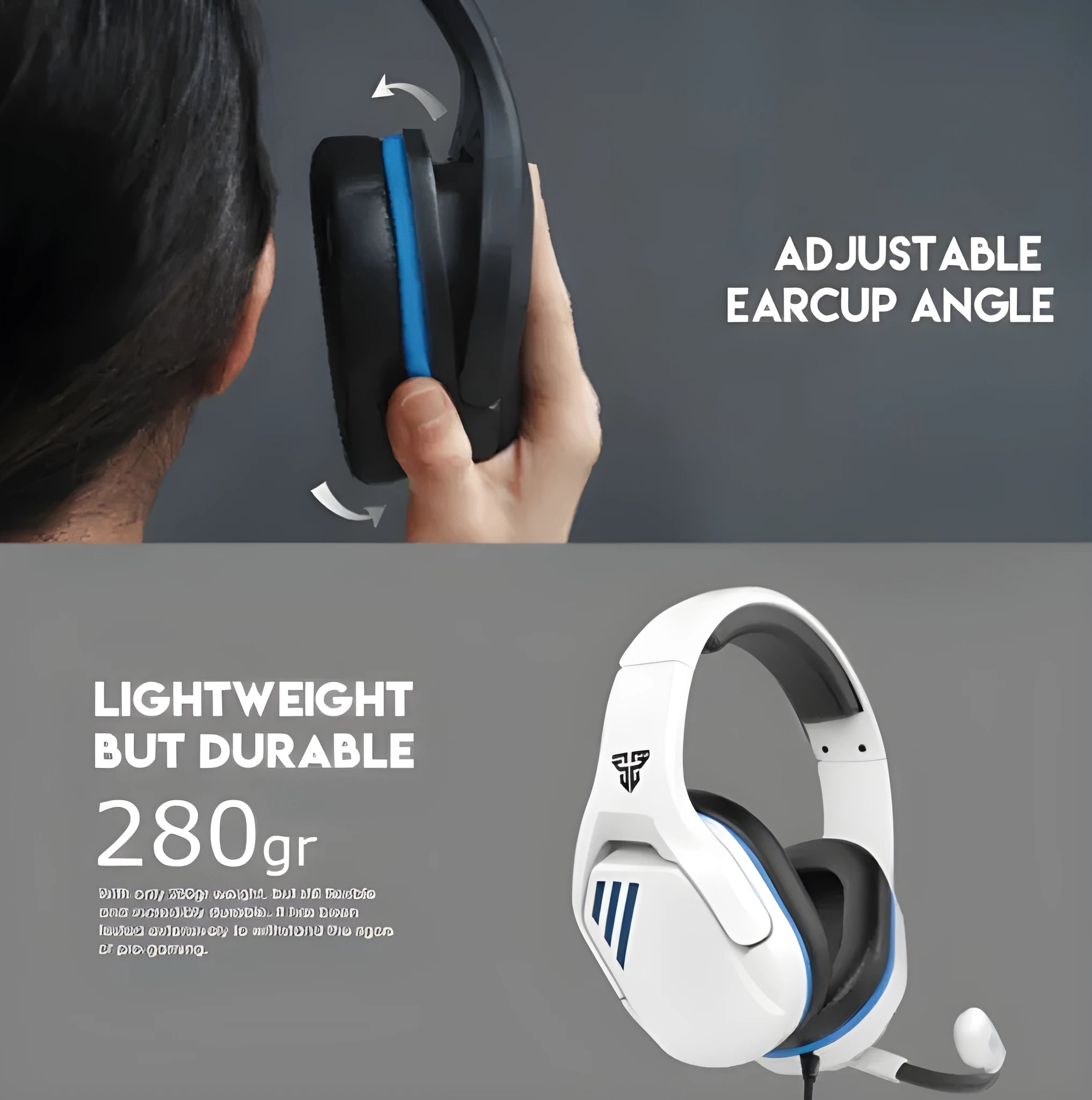 MH86 black and white gaming headset with detachable boom microphone and 2-metre cable