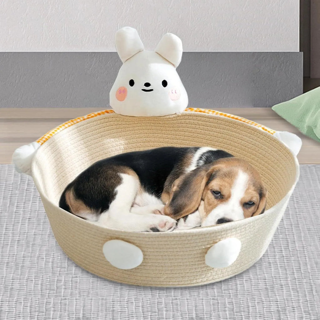 Woven cotton rope cat bed basket with integrated scratching pad in three size options