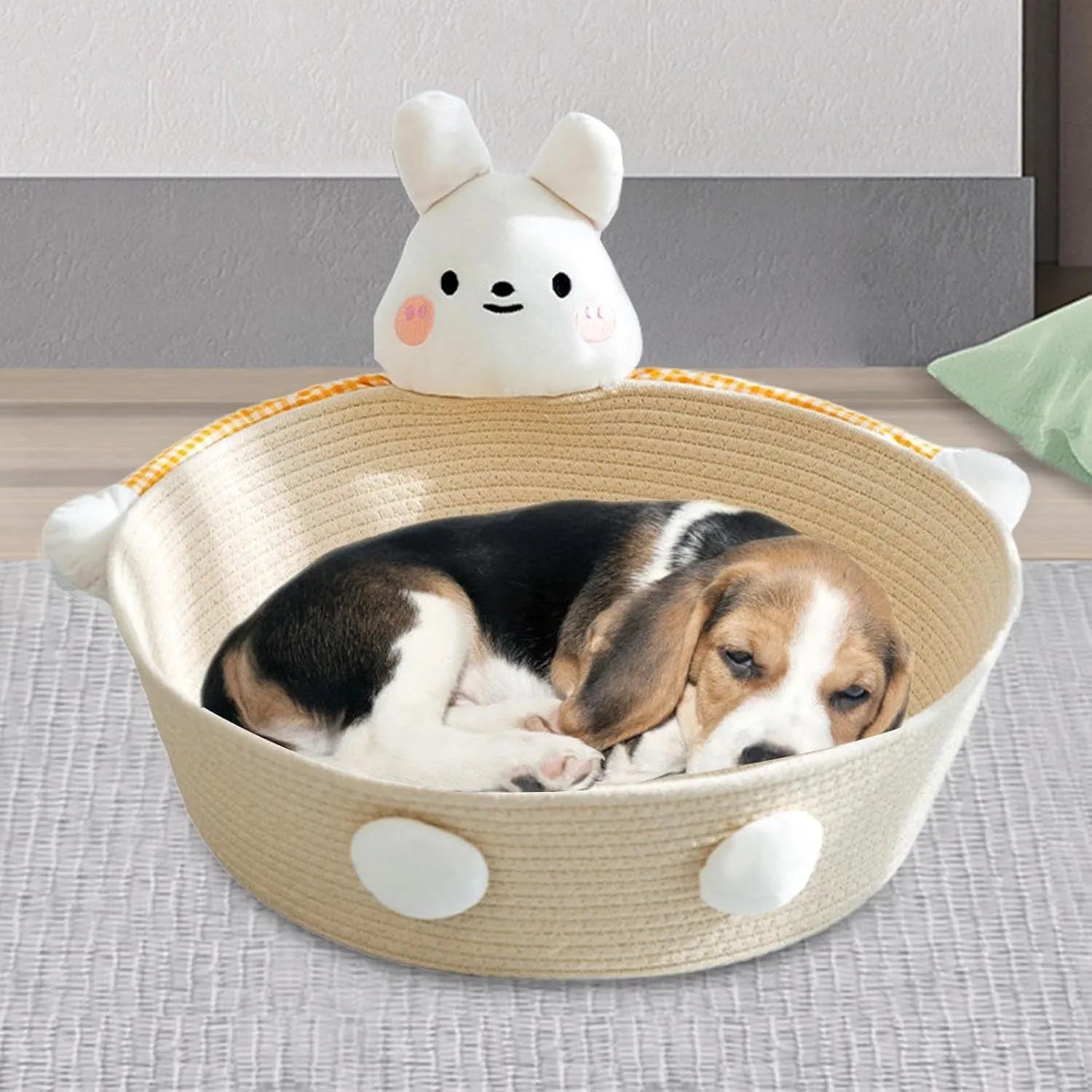 Woven cotton rope cat bed basket with integrated scratching pad in three size options