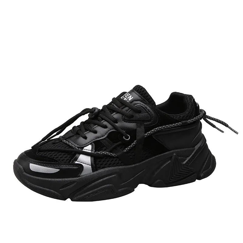 Men's Korean style platform dad sneakers in black, white, and grey colours with front lace-up closure
