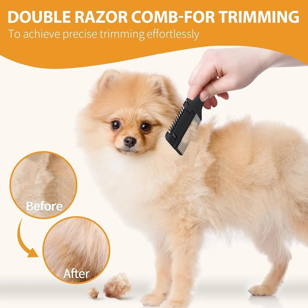 A 2-in-1 razor comb and trimmer for grooming dogs and cats, shown with a pack of 10 replacement blades.