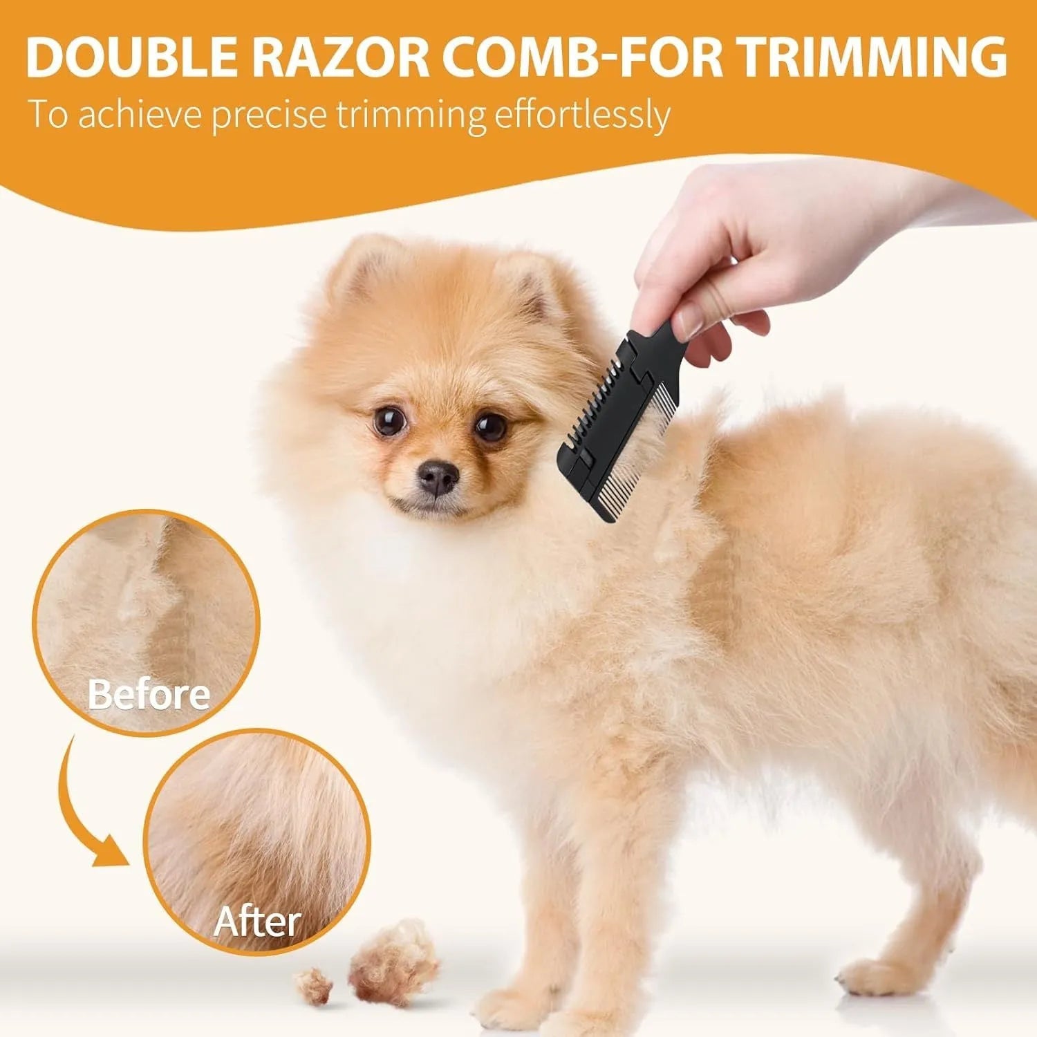 A 2-in-1 razor comb and trimmer for grooming dogs and cats, shown with a pack of 10 replacement blades.