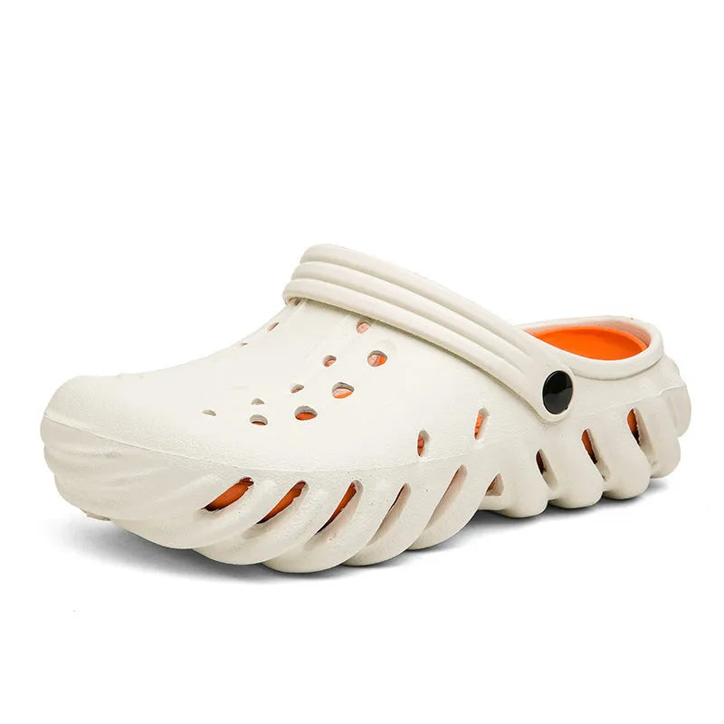 Men's beige hollow out EVA sandals with non-slip sole on a grey background.