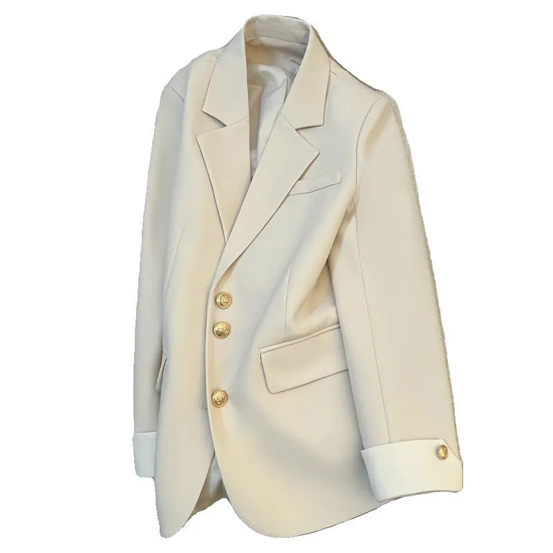 Korean style women's loose fit coat in beige colour with 65cm medium length and pocket detailing