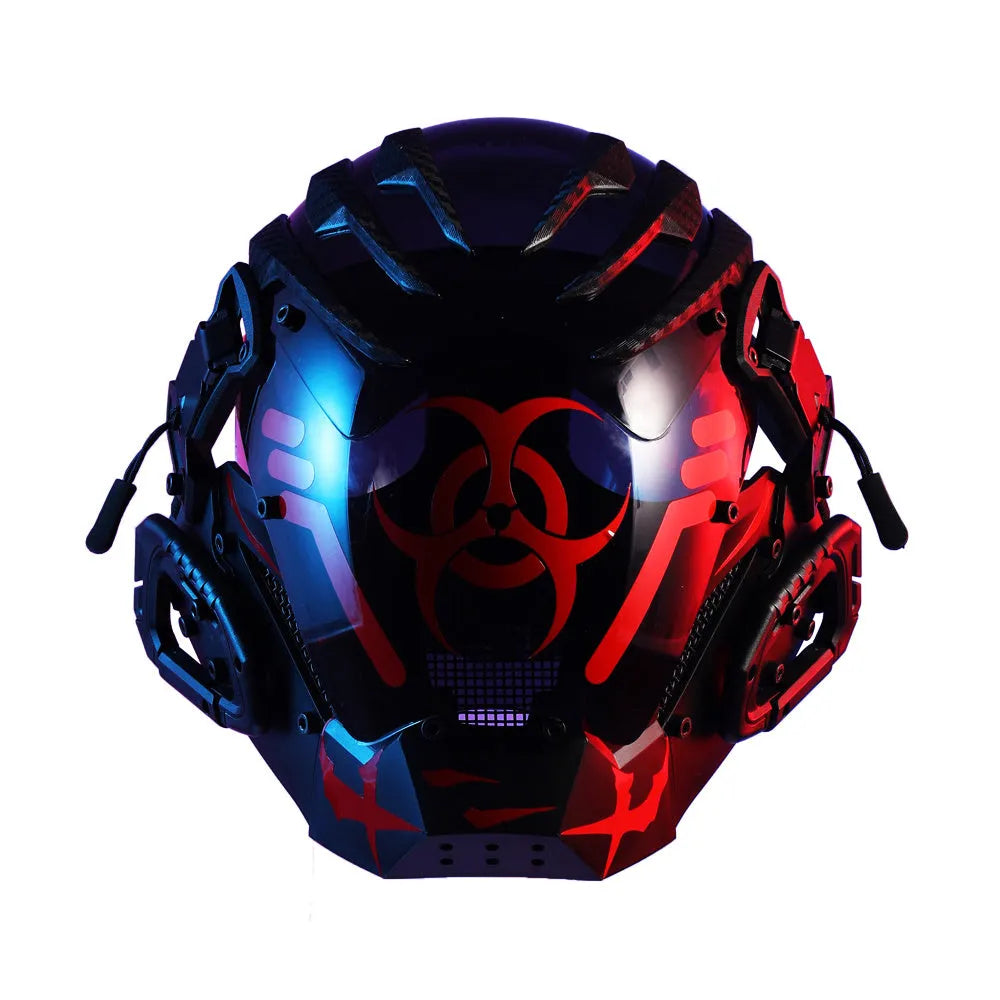 Black full face helmet prop mask with cyberpunk Bioweapon design for costume use