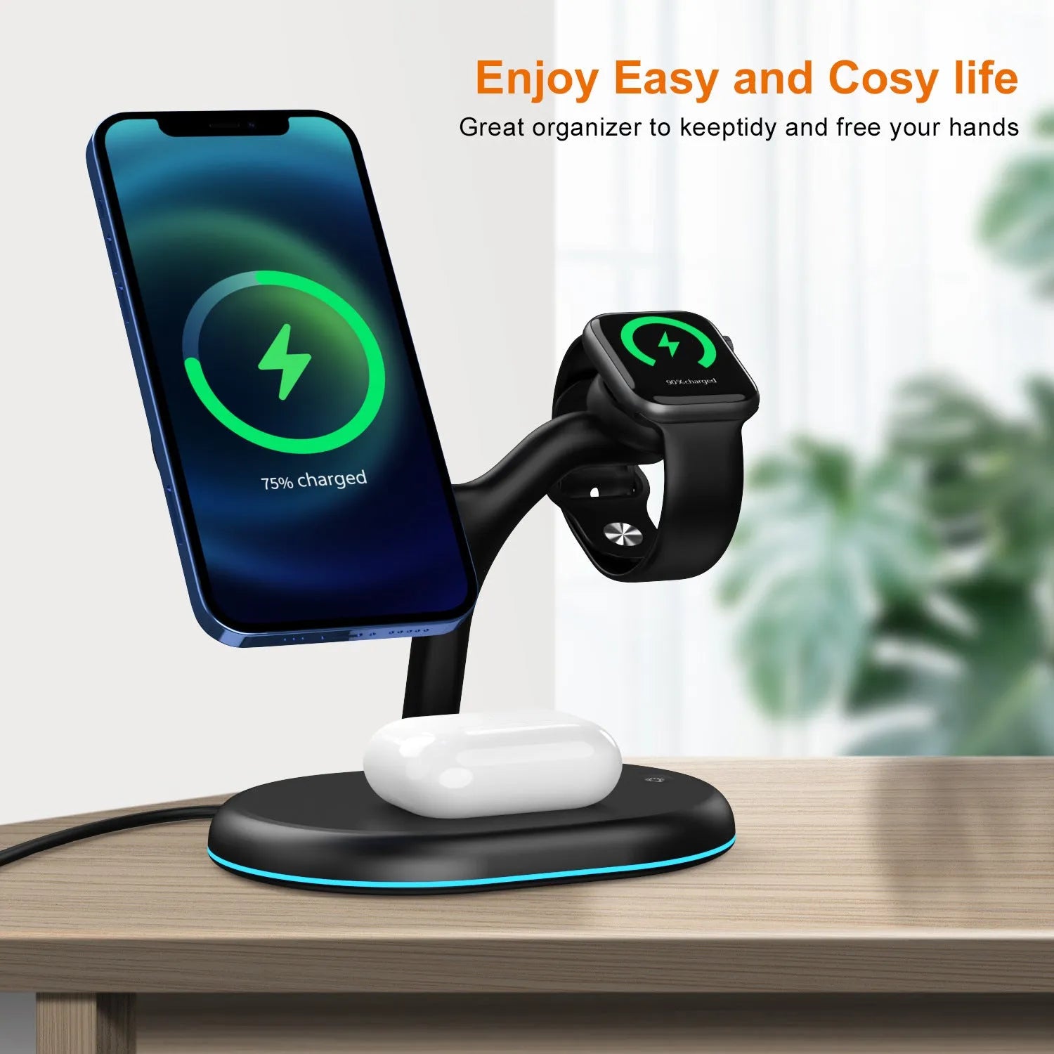 Black multifunctional three-in-one magnetic wireless charger on a flat surface.