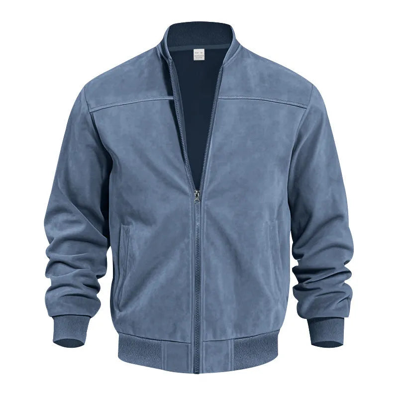 Men's plus size casual suede zip jacket in army green shown on a model