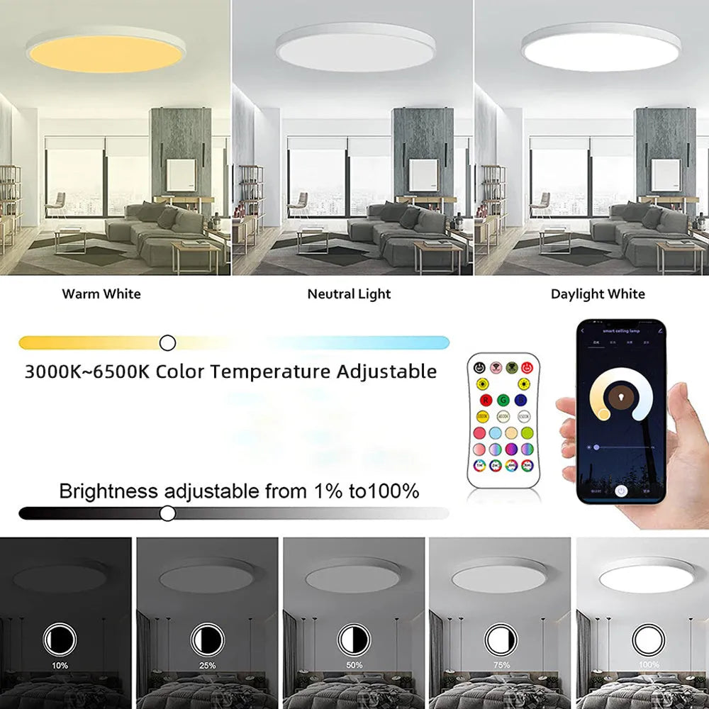 Black and white versions of a round RGBCW smart Bluetooth ceiling lamp with full colour and dimming control.