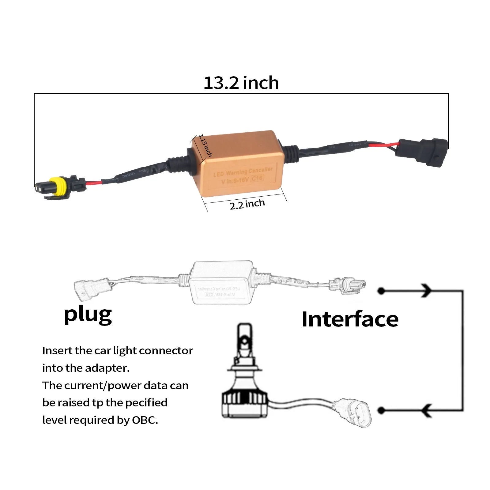 Black alloy automotive Canbus decoder for LED headlight bulbs on a white background.