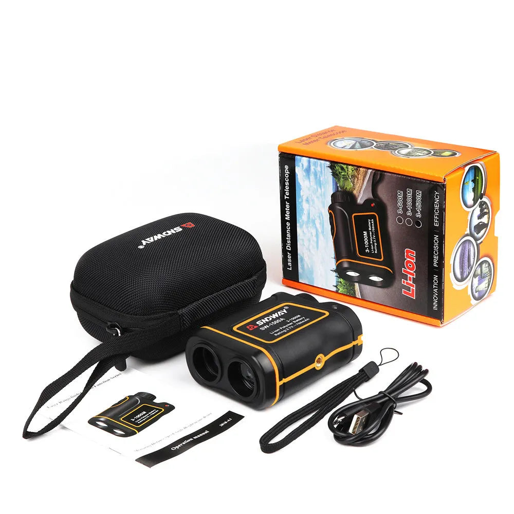 Handheld golf laser rangefinder showing compact 104x76.5x41mm design with distance measurement display