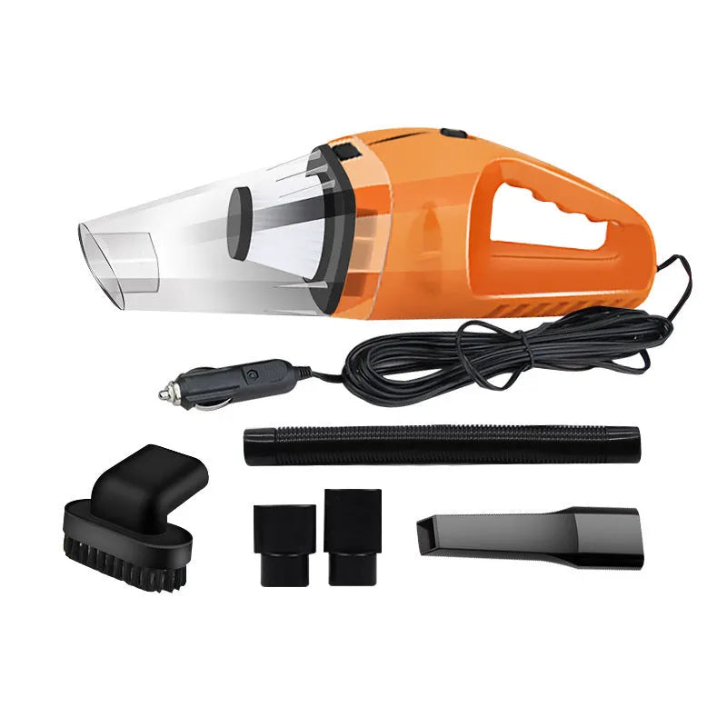 Orange, blue, and black coloured portable 12V handheld car vacuum cleaner with nozzle attachments on a car seat.