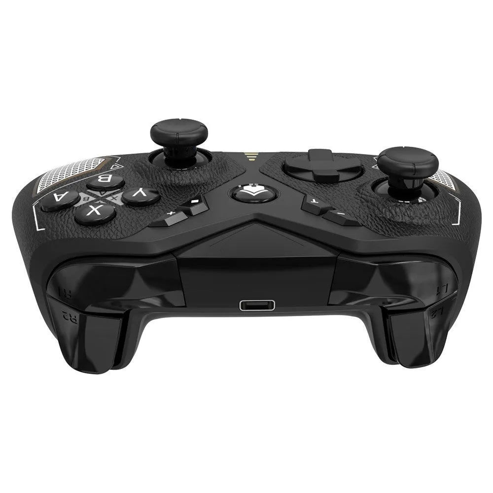 Black wireless game controller for Nintendo Switch with leather-pattern texture on grips