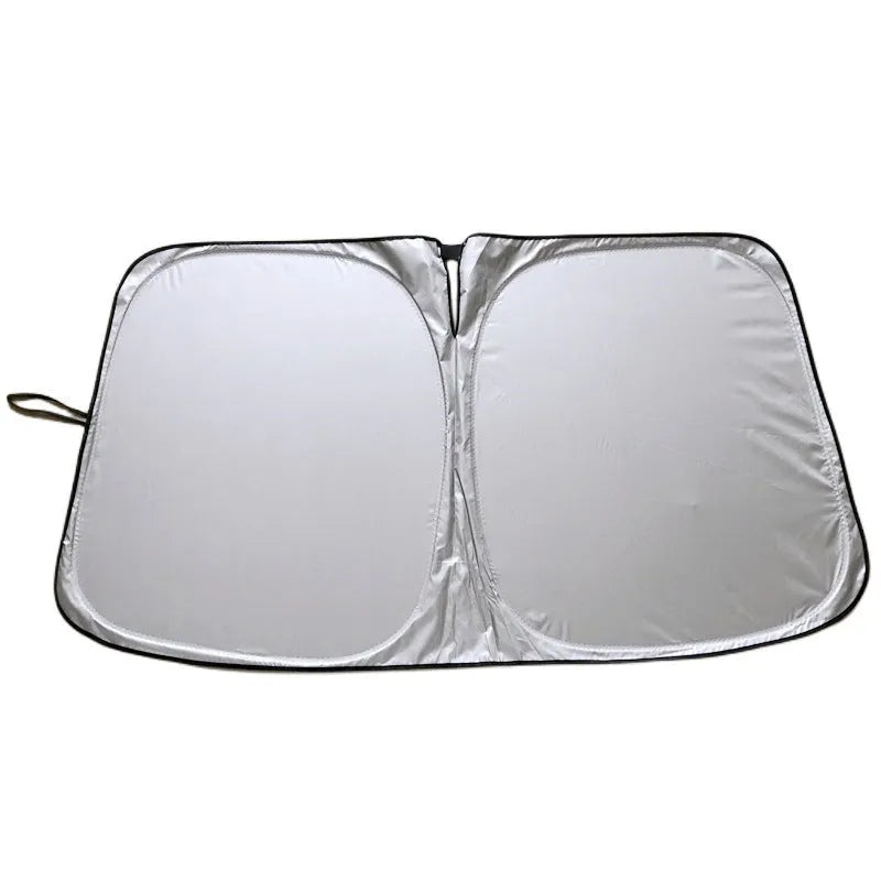 Titanium silver aluminium foil car sunshade for windshield heat and UV protection.