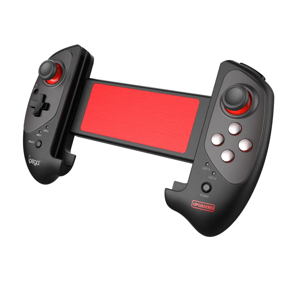 Red telescopic Bluetooth gamepad controller expanded to hold mobile device with USB cable