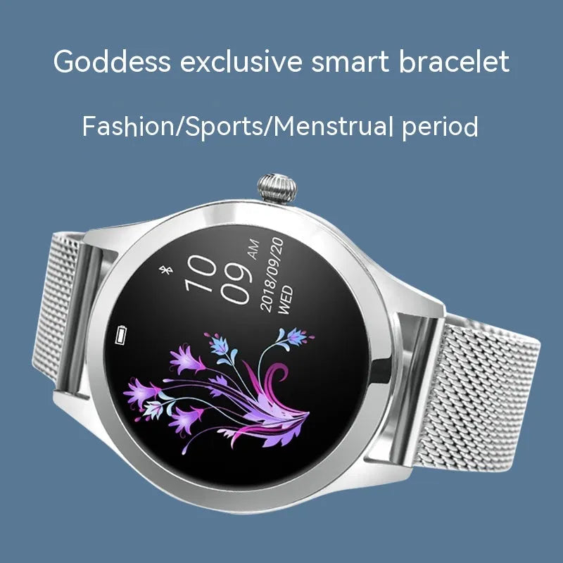 Women's multi-functional sports smartwatch showing heart rate monitoring and available in four colours