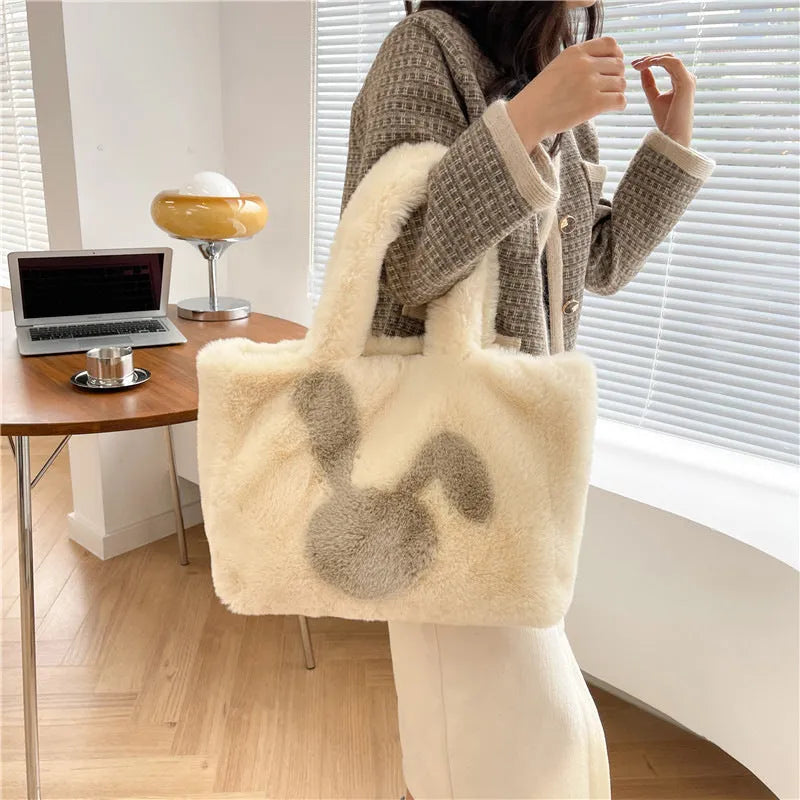 Cartoon rabbit ears plush tote shoulder bag in solid colour with large capacity