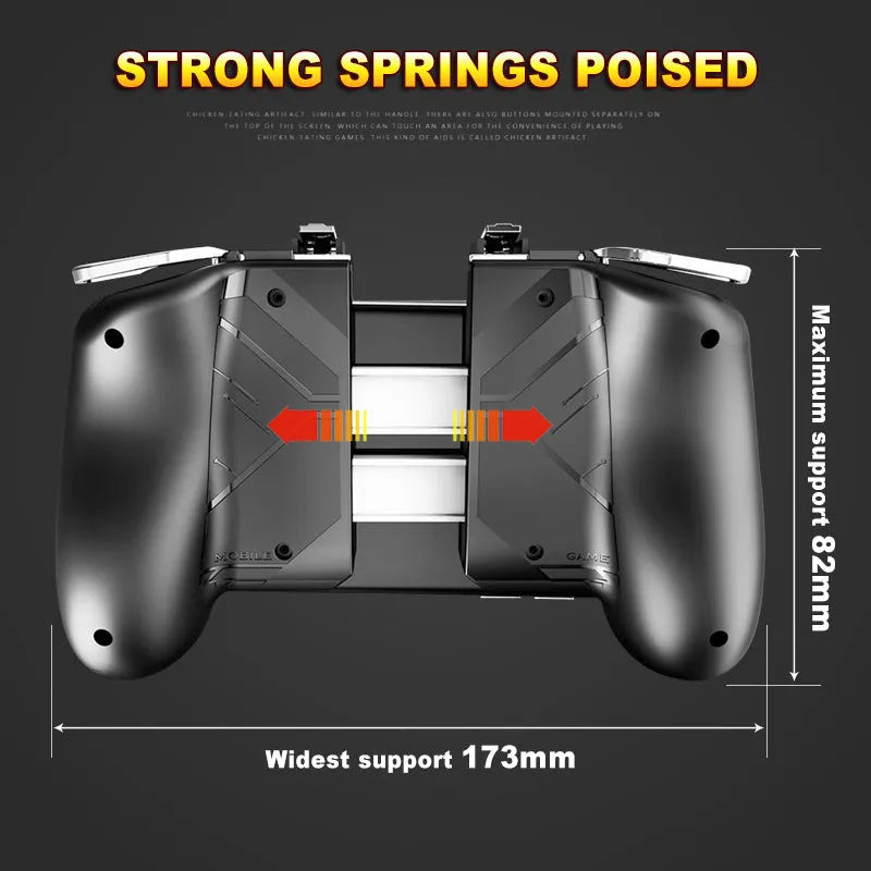 Multifunctional mobile game handle with telescopic bracket extended, shown in black, blue, and white colour options.
