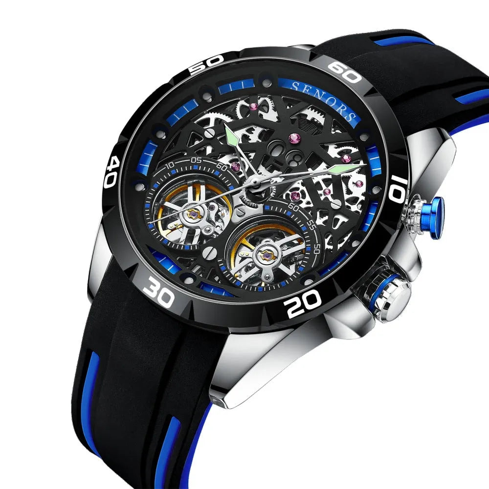 Automatic mechanical men's watch with skeleton hollow dial design showing visible movement