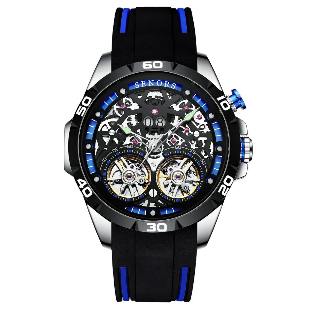 Automatic mechanical men's watch with skeleton hollow dial design showing visible movement