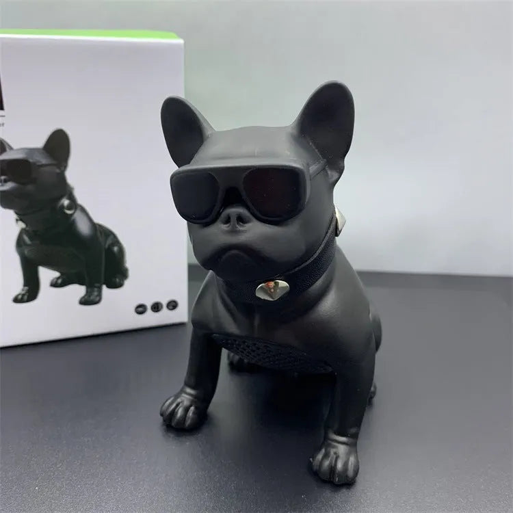 Mini bulldog-shaped Bluetooth speaker in black, red, or white colours showing wireless design