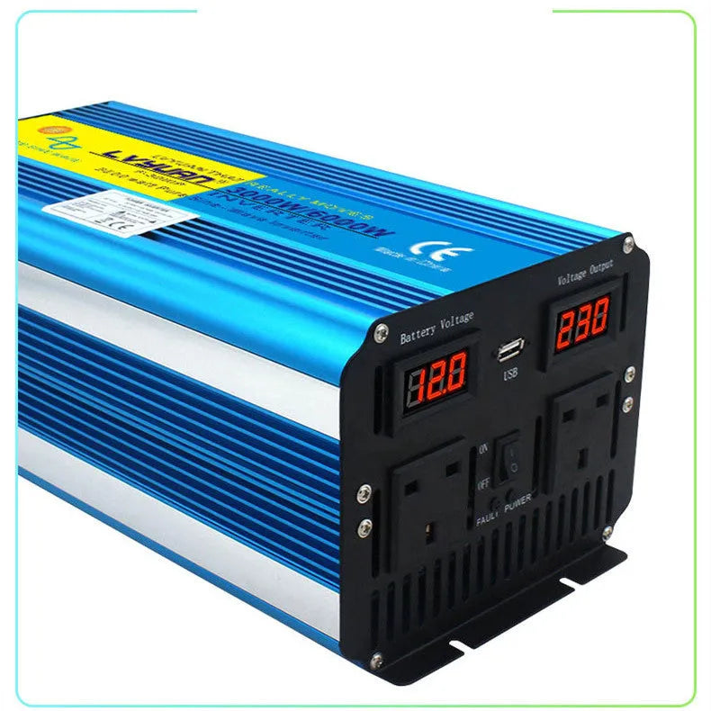 Blue car power inverter with digital displays and UK sockets for 12V to 220V conversion