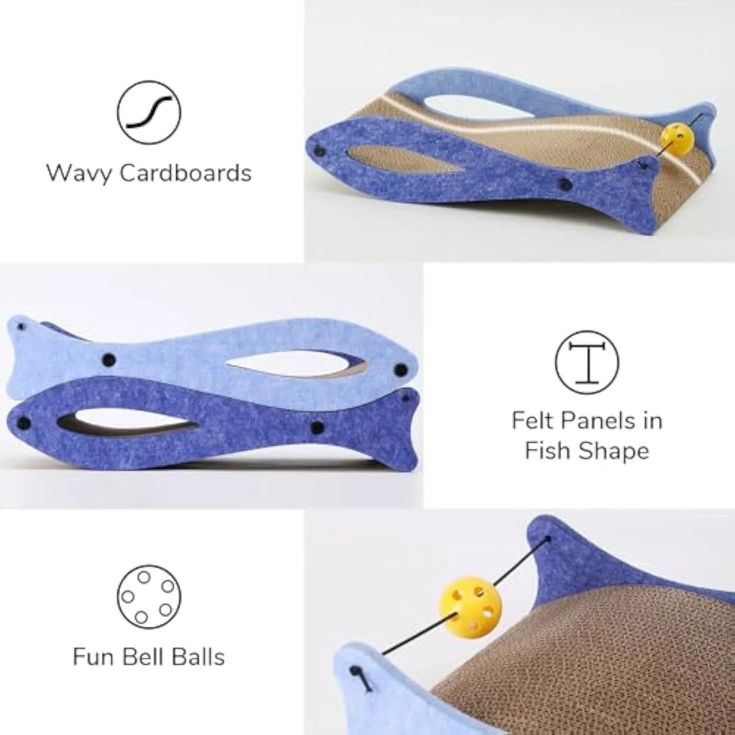 Blue fish-shaped cat scratcher with bell ball toys on elastic cord for scratching and play