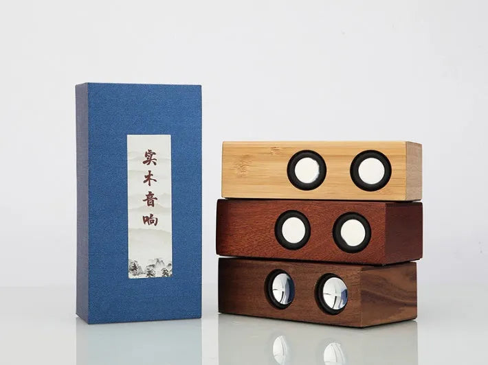 Retro wooden Bluetooth speaker showing natural wood grain in choice of bamboo, black walnut, or sapele finishes
