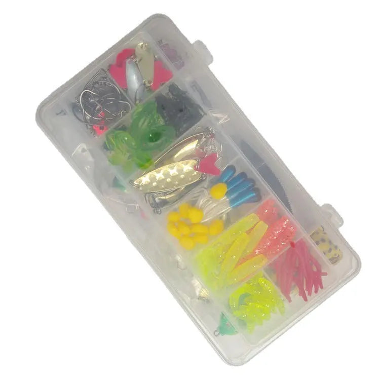 142-piece fishing lure set with hard mino sequins, metal lures, plastic bait, and fishing pliers