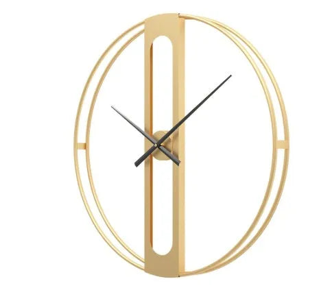 Round metal wall clock with 50cm diameter in black or gold colour on a white wall.
