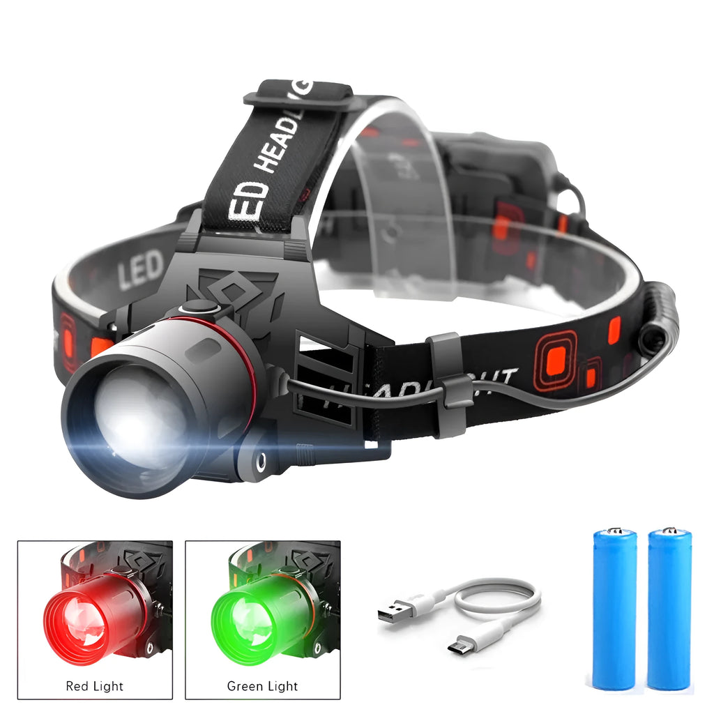 T6 LED zoom headlamp showing white, green, and red light colours on adjustable headband