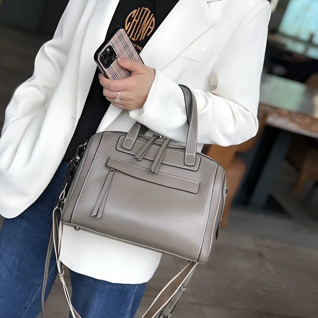 Genuine leather Boston lychee pattern messenger bag in horizontal square design with shoulder strap