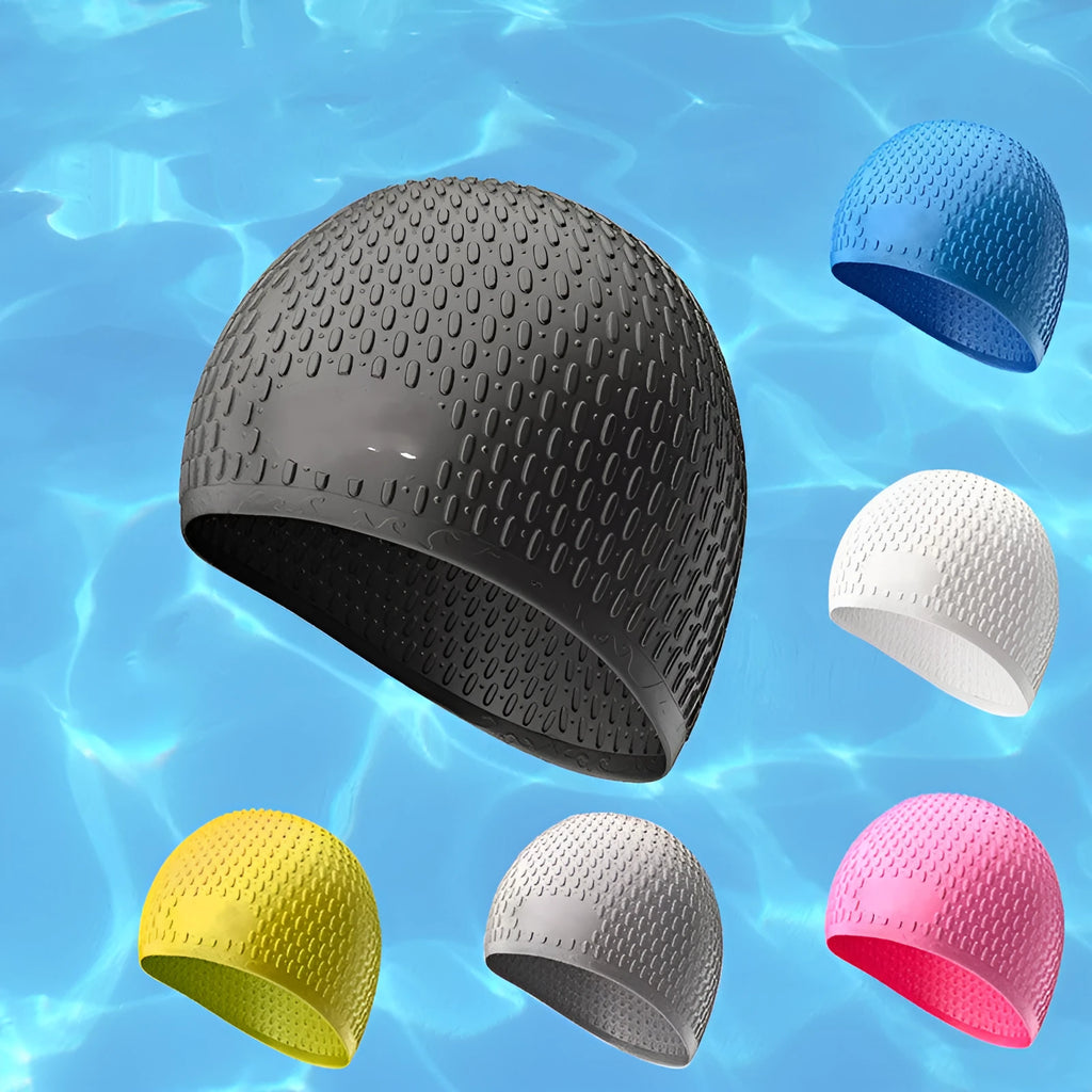 Silicone swimming cap with water drop design in nine solid colours for adult swimmers