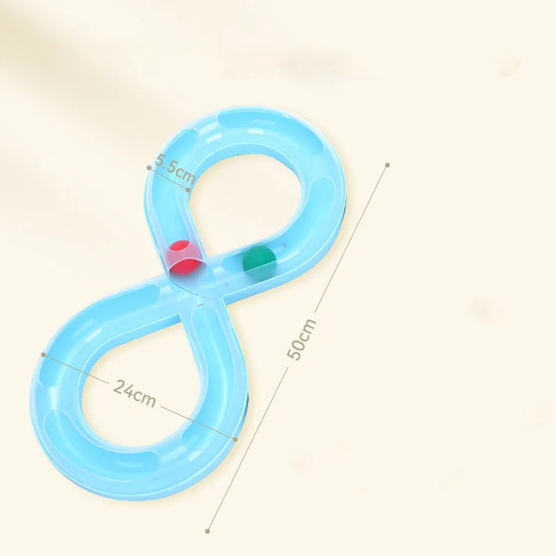 Blue and white cat turntable track ball toy with built-in teaser stick measuring 50 cm
