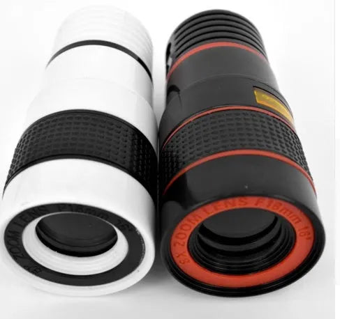 12X magnification black phone telescope lens with adjustable mounting clip on a smartphone