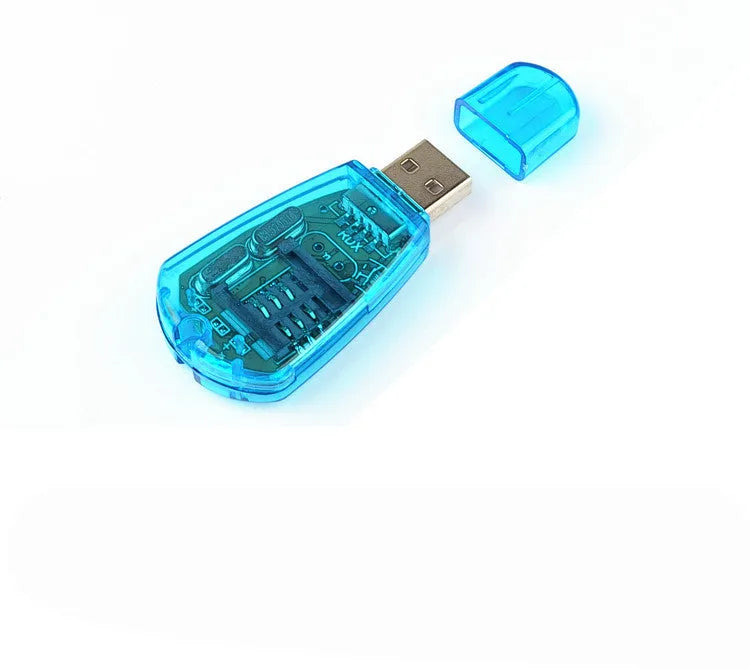 Blue USB 2.0 SIM card reader for mobile phone data backup and editing.