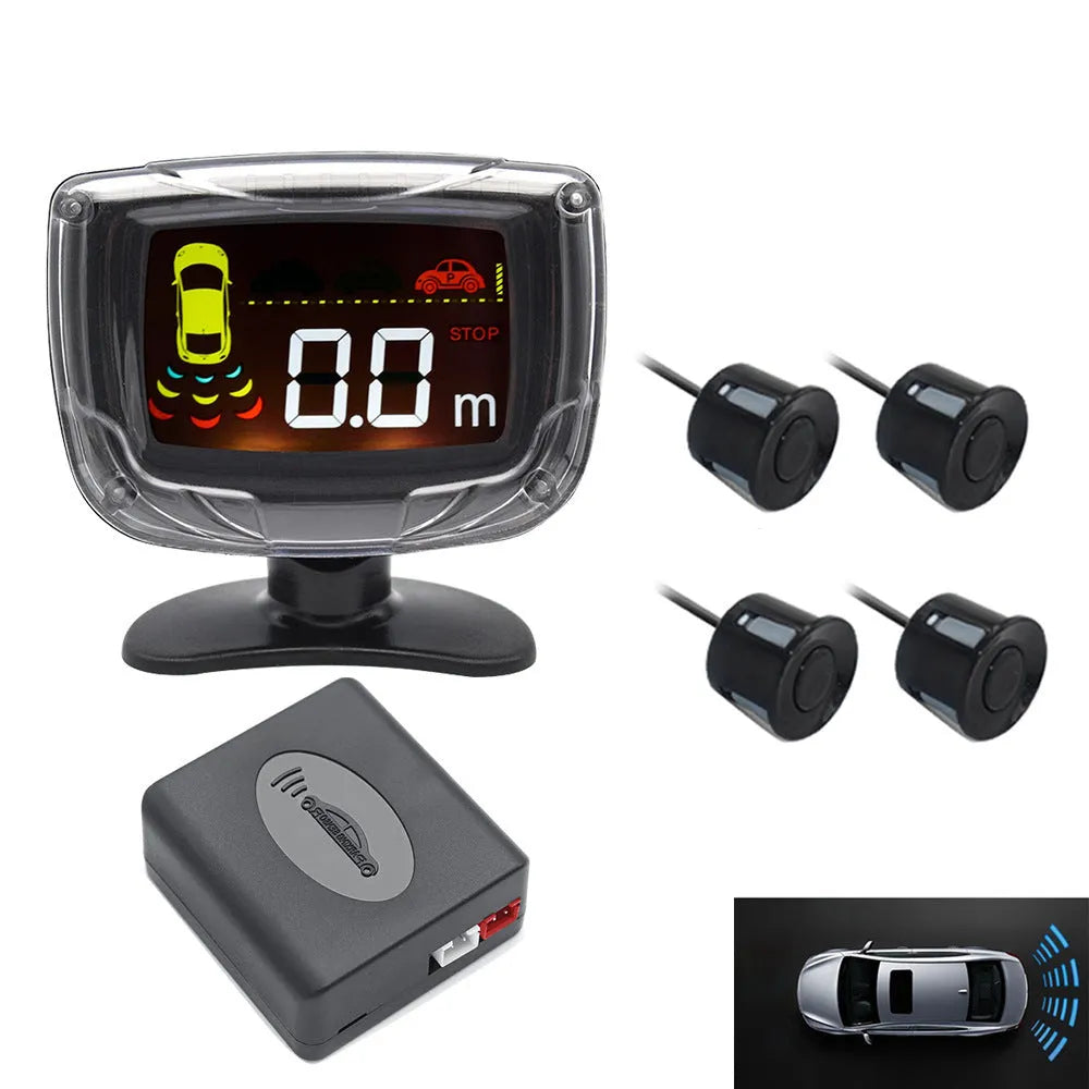 Wireless reversing sensor system with LED display unit and four embedded probes for vehicle obstacle detection