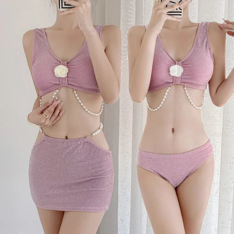 Women's pink and black three-piece polyester bikini set for swimming