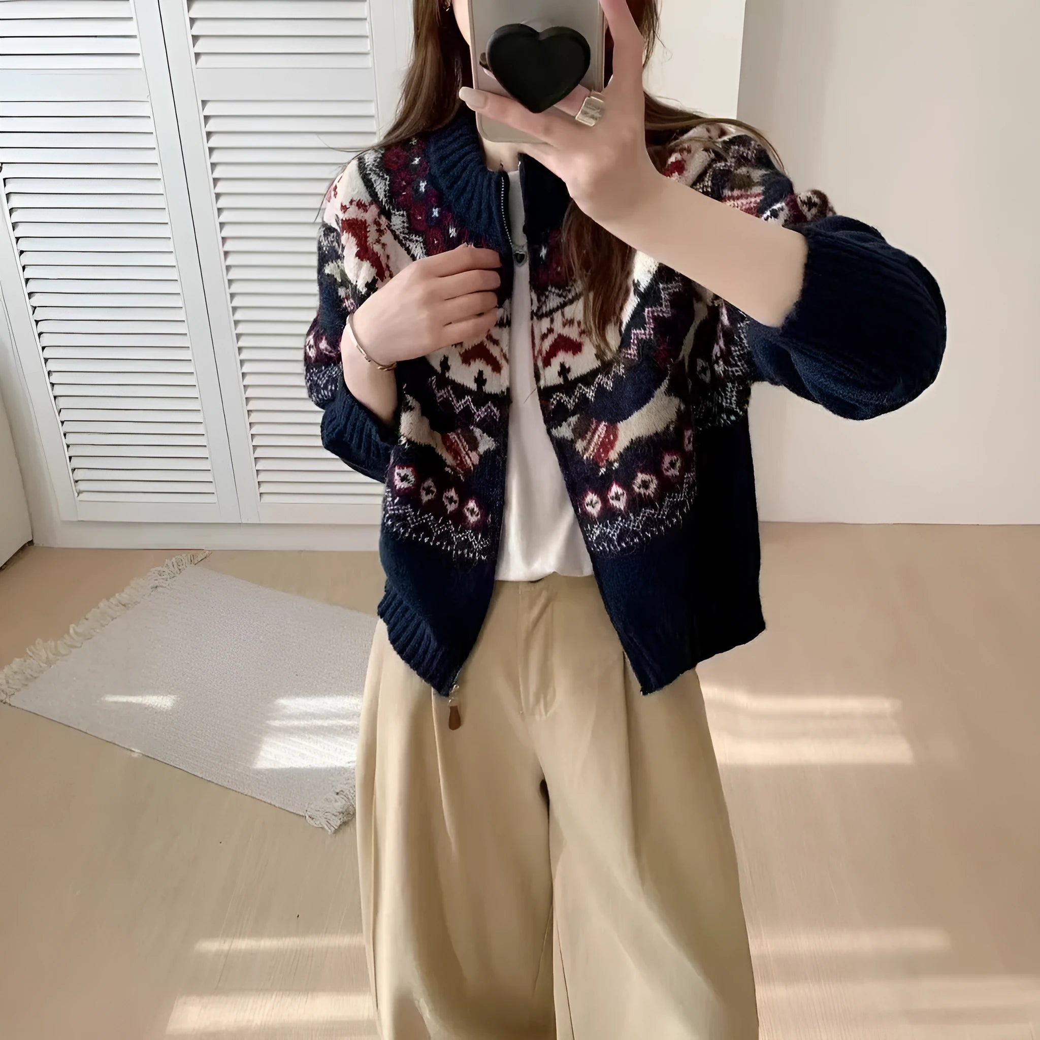 Ethnic style jacquard pullover sweater with 3D pattern in apricot colour