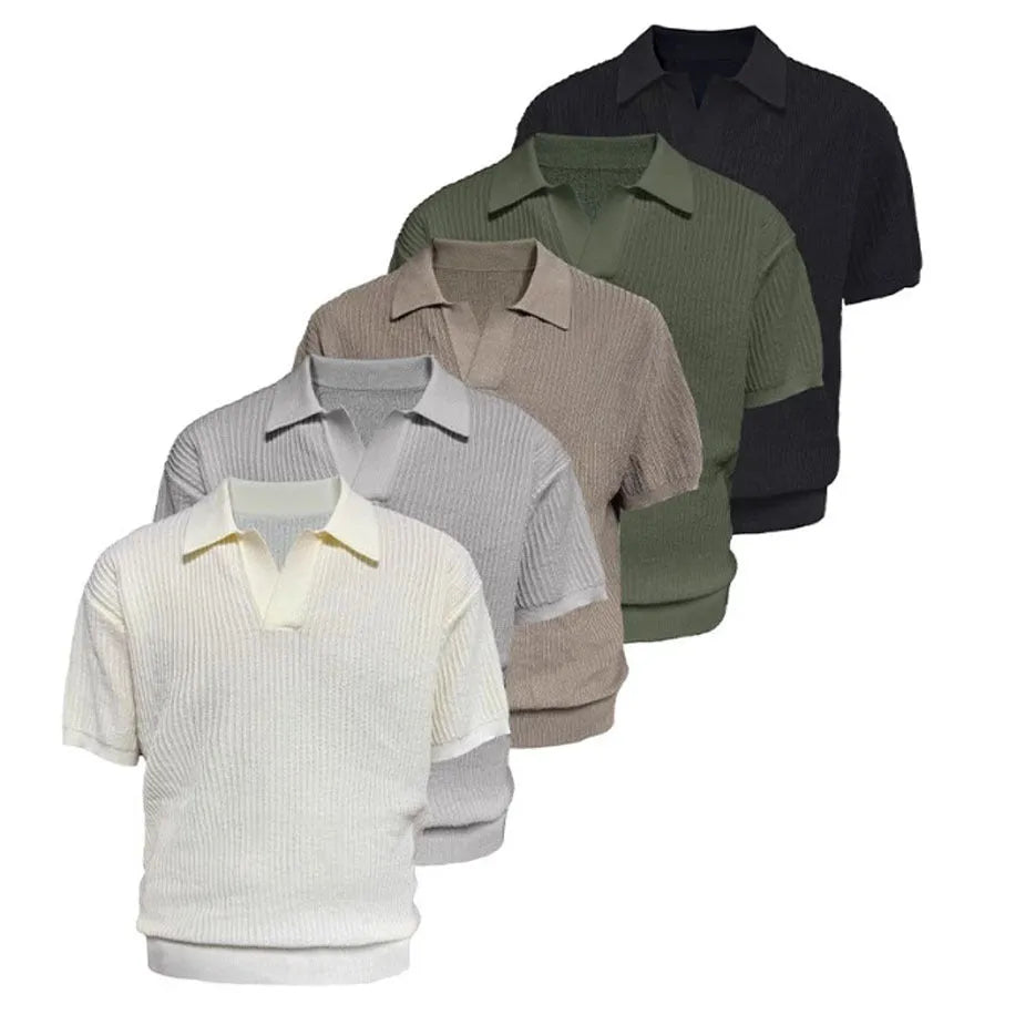 A creamy-white loose-fit polo shirt with a striped collar, made from thin ice silk fabric for summer.