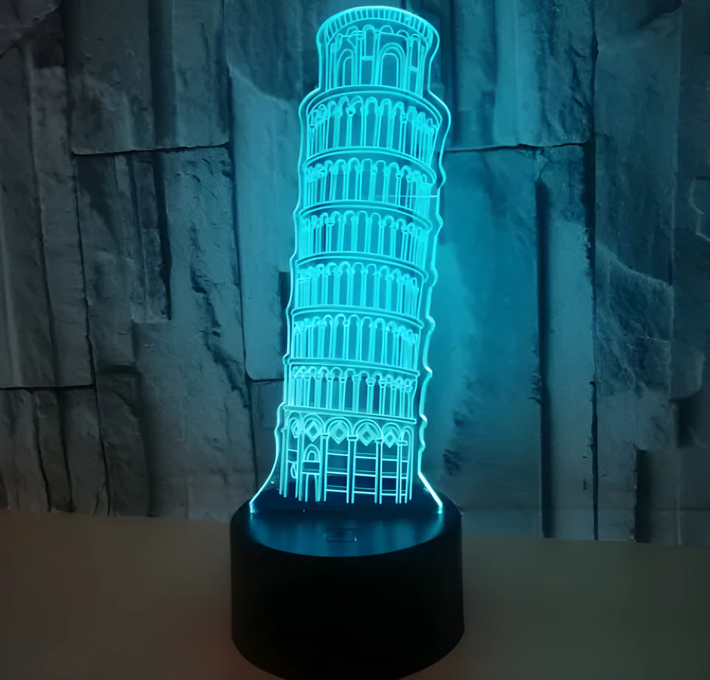 Leaning Tower of Pisa 3D acrylic night light with colour-changing LEDs on a black ABS base.