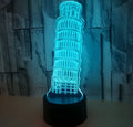 Leaning Tower of Pisa 3D acrylic night light with colour-changing LEDs on a black ABS base.