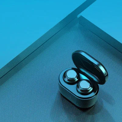 Black stereo Bluetooth headset with bilateral earplug design showing wireless earbuds